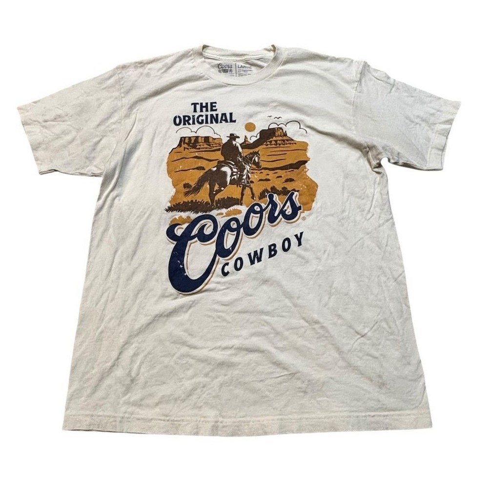 Coors Men's Beige‎ Cowboy Graphic T-Shirt Size L Short Sleeve Vintage Style